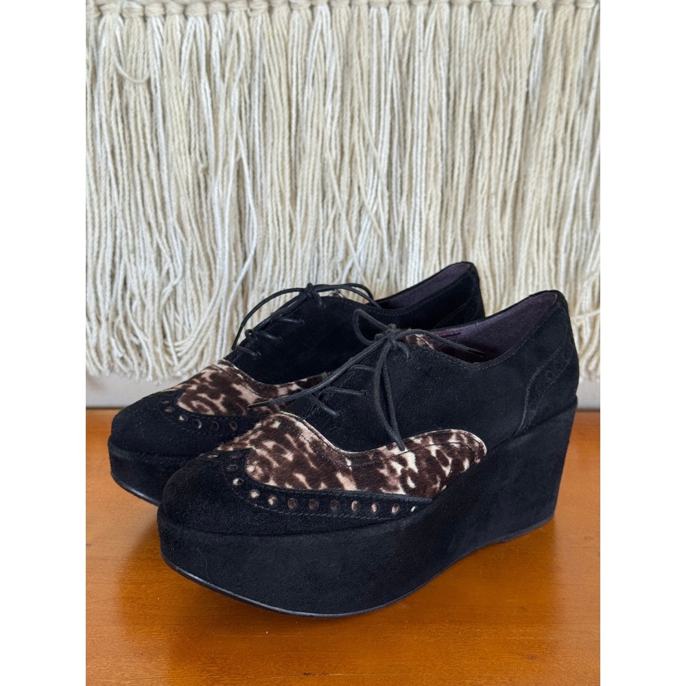 Stuart Weitzman Kent Black Suede Leopard Calf Hair Platform Oxfords Size 5.5